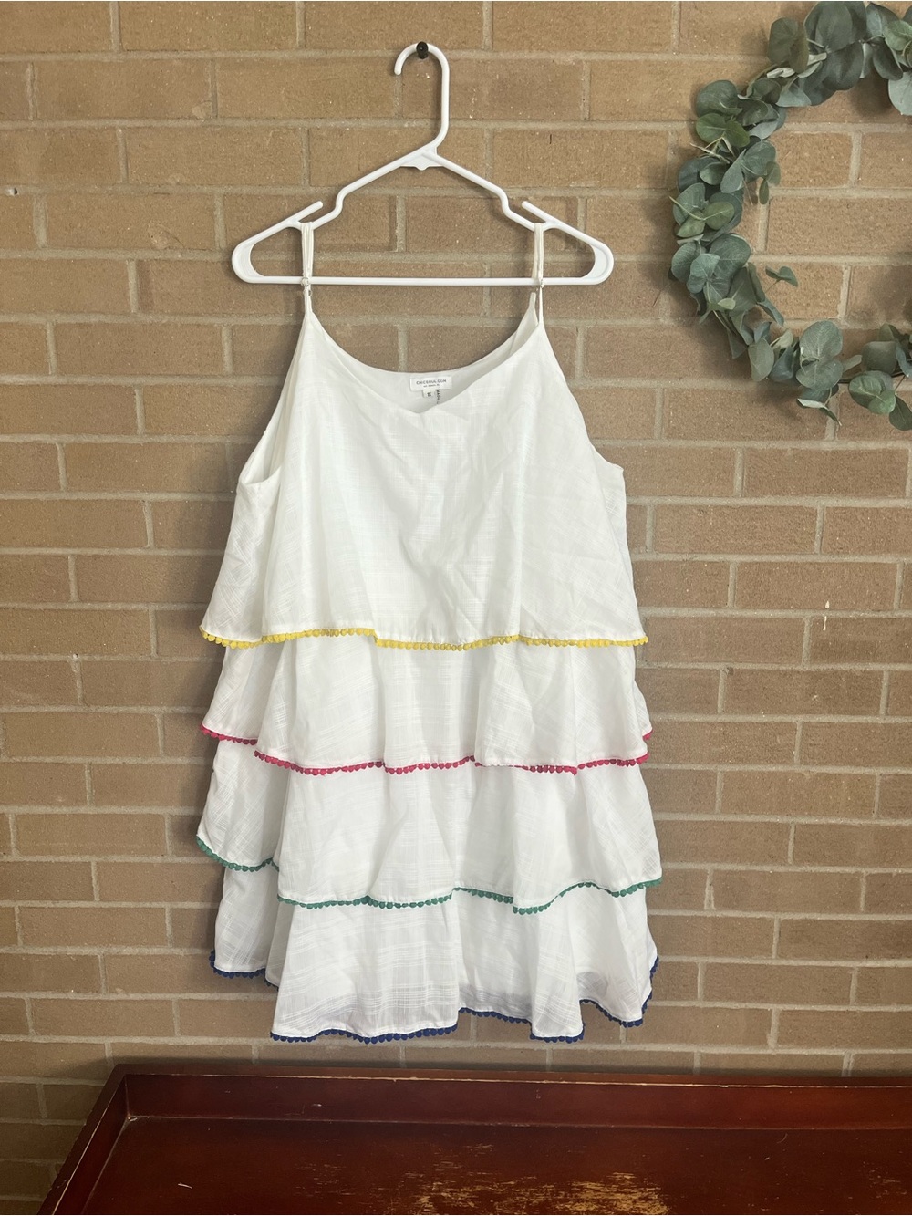 Chic Soul White Tiered Mini Dress with Yellow, Pink, Green & Blue Trim